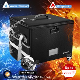 ENGPOW Fireproof Document Box with Wheels, Collapsible File Box with Lock, Rolling File Storage Organizer Filing Cabinet with Pockets, Portable Home Office Safe for Hanging Letter/Legal Folder