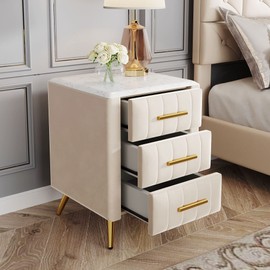 SOFTSEA Velvet Nightstand with 3 Drawers, Upholstered Nightstand with Faux Marble Top, Bedside Table Furniture, End Table with Metal Legs for Bedroom, Living Room, Beige