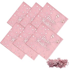 OKUYAN 40 Pack Happy Birthday Napkins Pink Napkins 2 Layers Rose Gold Napkins Birthday Napkins Set with Confetti for Birthday Table Decorations Anniversary Party Decor Cocktail Supplies(33 * 33cm)