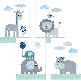 LALELU-Prints | A4 Pictures Children's Room Decoration Girl Boy | Magical Jungle Animals Mint | Poster Baby Room | Set of 4 Children's Pictures (DIN A4 without Frame)