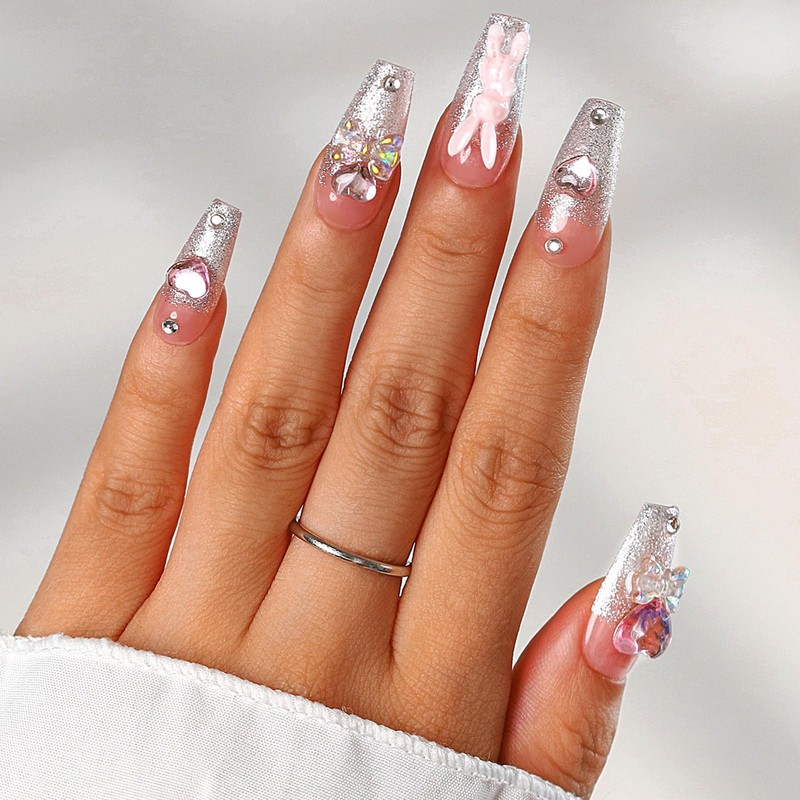 Sethexy Long Coffin Pink False Nails Handmade Rhinestones Glitter Luxury