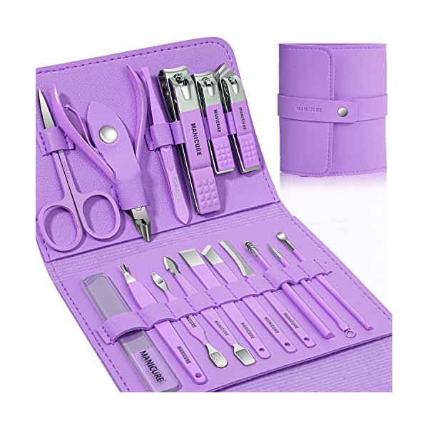 Manicure Set Professional Nail Clippers Pedicure Kit, 16 pcs Stainless Steel Nail Care Tools Grooming Kit with Luxurious Travel Leather Case for Thick Nails Men Women Gift (Violet)