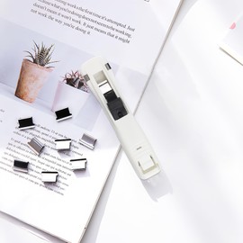Boxkat 1 Pcs Portable Recyclable Handheld Paper Clam Clip Dispenser with 100 Pcs Stainless Steel Metal Refill Clips for Fixing Loose Leaf Paper Bookbinding Documents Reports Assignments, White
