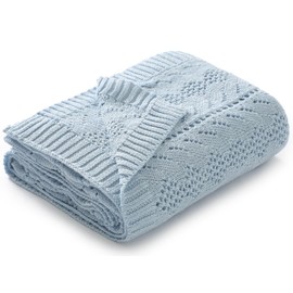 mimixiong 100% Cotton Baby Blanket, Soft Knitted Cellular Baby Blanket Swaddle Blankets for Newborn - 90x70cm, Light Blue