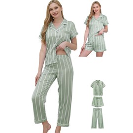 WJing Yi Jia Womens Pajama Sets 3Pcs Silk Satin Pajamas Set XS-2XL Sleepwear Silky Pj Sets Nightwear Pjs Loungewear