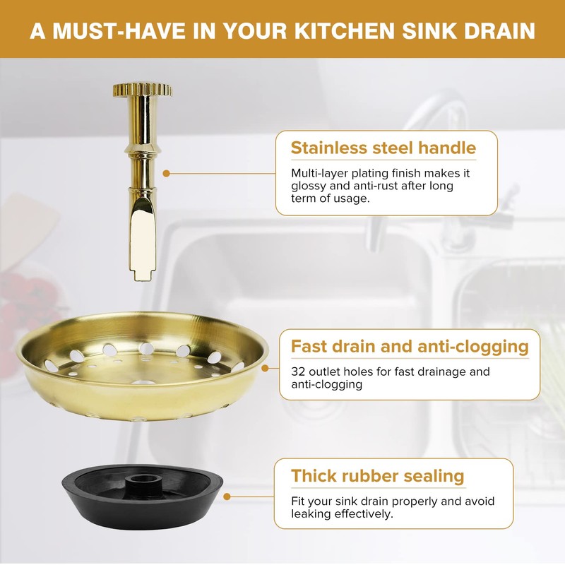 JEAPHA 2 Pcs Gold Sink Strainers Replacement for Standard 3-1/2