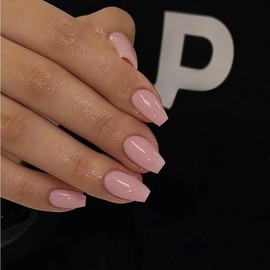 KXAMELIE Baby Pink Square Press on Nails Short Medium Coffin,T-shape Gel Fake Nails for Women Girls,Neutral False Glue on Nails Medium Length,Pure Color Reusable Acrylic Nails Press ons in 24PCS