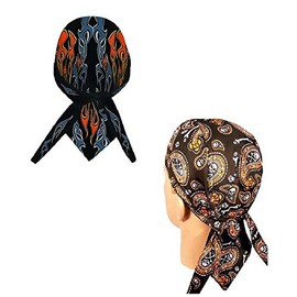 Capsmith Lot or Set of 2 Orange Black Flames and Paisley Danbanna Head Wrap Durag Doo Rag Skull Cap Sweatband Durag