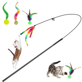 SHENGSEN Feather Wand Cat Toy，Bouncy Ball with Tail Cat Toys，Magic Worm with Large Colorful Ball Toy for Cats，Cat Feather Toys for Indoor Cats,Colorful Fuzzy Worm Bouncy Balls Cat Toy