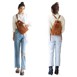 LUXEORIA Leather Backpack for Women, Minimalistic Suede Designer Mini Backpack, Handmade Vintage Style, Women's Casual Fashion Daypack, Retro - Camel Brown