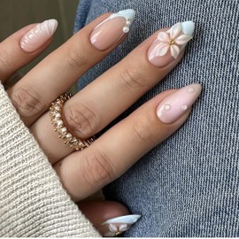 BABALAL Press on Nails Medium Almond Fake Nails Blue French Tip Glue on Nails 3d Flower Design Acrylic Nails 24Pcs Stiletto Stick on Nails 24Pcs Handmade Diy Full Cover False Nails for Women Girls