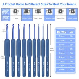 Reessy Crochet Hooks Set, 2.0mm-6.0mm Aluminum Crochet Hook Set with Cushion Grip for Arthritic Hands, 9 Sizes Ergonomic Crochet Hooks for Beginners and Experienced Crochet Lovers