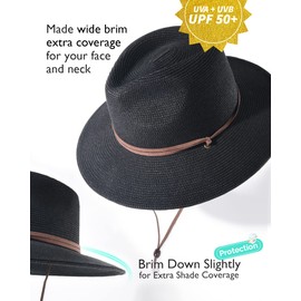 FURTALK Womens Summer Straw Sun Hats Wide Brim Panama Fedora Beach Hat with Wind Lanyard UPF 50+ Black