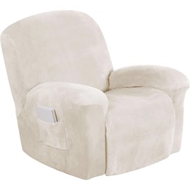 Turquoize Velvet Recliner Covers with Pocket Recliner Chair Cover Stretch Recliner Slipcovers 1 Piece Velvet Recliner Furniture Cover/Protector for Recliner with Elastic Bottom (Recliner, Ivory)