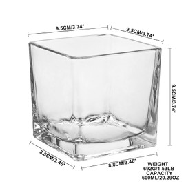 Square Glass Vase, Clear Glass Cube Makeup Brush Holder, Multi-Purpose Glass Container for Candles, Succulents, Fish Tank, Pen Organizer, Home Decor Storage (Clear-3.74"&5.71"-2pcs)