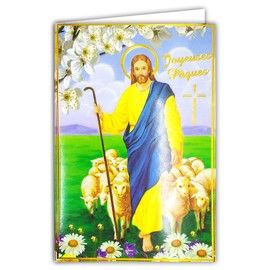 62-1010-A Card Happy Easter in Shiny Gold and White Envelope - Cross Catholic Religion Jesus Christ Good Shepherd Shepherd Lamb Sheep Flock Flowers Party Spring