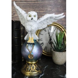 Ebros Gift Awaken Your Magic Gothic Snowy White Owl Talisman Pentagram Pendant Perching On Globe Orb Gazing Ball Decorative Figurine Wicca Occult Witchcraft Accent