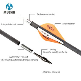 Musen Pure Carbon Arrows 30 inch Hunting Arrows for Recurve Bow,100% Carbon Archery Target Arrows with Removable Tips for Youth Hunters & Bowhunters (Pack of 12) (SP350)