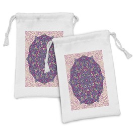 Ambesonne Purple Mandala Fabric Pouch Set of 2, Abstract Floral Cosmos Eastern Motif Petals Essence Theme, Small Drawstring Bag for Toiletries Masks and Favors, 9" x 6", Pale Pink Magenta Cream
