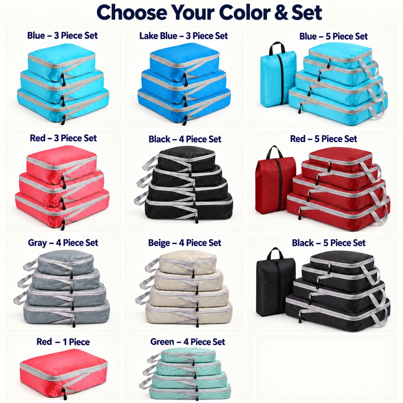 Compression Packing Cubes Set for Travel – Foldable Nylon Zipper