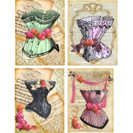 8 STATIONERY VINTAGE INSPIRED CORSETS BLANK GLOSSY IVORY ENVELOPES ORGANZA BAG
