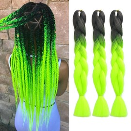 Ombre Braiding Hair Extensions 3 Pack/24 Inch Color Braiding Hair Fiber Crochet Hair for Box Braids Senegal Twist Hair Extensions for Women and Girls(24 Inch, Black/Fluorescent Green)
