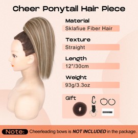 SEIKEA Cheer Ponytail Hair Piece, 10" Straight Tangle-Resistant Smooth Natural Cheerleader Hairpiece Ponytail Extension for Cheer Competition, Dance White Blonde with Ash Brown Highlights