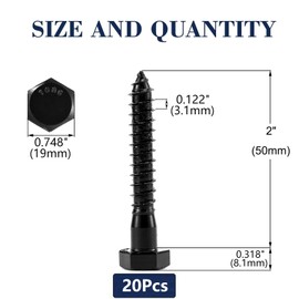 1/2" x 2" Hex Head Lag Screws Bolts 20Pcs 304 Stainless Steel 18-8, Partial Thread, Hexagon Head Wood Screws by Black Oxide by SG TZH