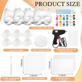 Seenelling 33 Pcs Therian DIY Mask Kit for Beginners Including Blank Cat Mask Faux Fur Fabric Felt Fabric Plastic Mesh Sheet(White)