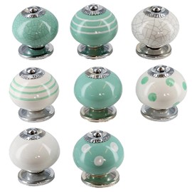 G Decor Green and White Handmade Assorted Designs Ceramic Door Knobs, Vintage, Shabby Chic, Interior Furniture, Cabinet Cupboard Drawers Pulls Handles (8-Pack)