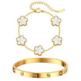 Gold Bangle Tennis Bracelet for Women- Stainless Steel Gold Plated Girls Bangle, Flower Cubic Zirconia Classic Tennis Bracelets, 16-21cm Jewelry Set Gift for Mother Best Friends