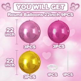 Pink Gold Round Foil Balloons 9 pcs,Metallic Giant 4D Round Balloons 22 Inch for Birthday Girl's Baby Shower Bridal Shower Wedding Valentine Party Decorations