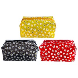 TotePrint 3 PCS Waterproof Portable Daisy Makeup Bag Clear Pouch for Travel,Clear Solid Makeup Bags with Zipper for Purse,Cosmetic Brush Bag,Pen Pouch (yellow+red+black)