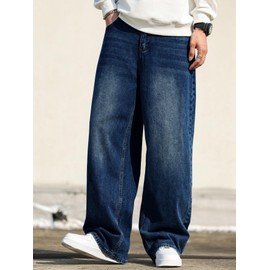 DFGIGT Men's Y2k Hip Hop Baggy Jeans Distressed Wide Leg Denim Pants Casual Loose Fit Trousers Streetwear Straight Leg Relaxed Fit 2000s Extreme Motion Skater Skateboard Street,E10 Dark Blue,Large