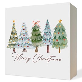 ATBWGT Merry Christmas Tree Wooden Box Sign, Christmas Desk Decor Gifts, Watercolor Glitter Xmas Tree Holiday Wood Block Plaque Signs gifts for Home Office Desk Table Shelf Decor, 5x5 Inch