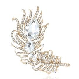 SP Sophia Collection Decorative Cubic Zirconia Rhinestone Pave Peacock Feather Fashion Dress Brooch in Gold