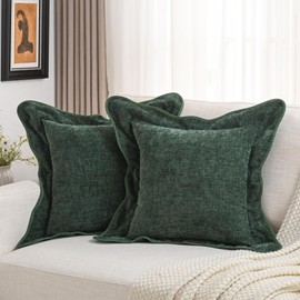 FUTEI Dark Green Chenille Throw Pillow Covers 16x16 Inch Set of 2,Double Stitch Scalloped Bordered Soft Square Cushion Case,Home Decor for Couch,Bed,Living Room