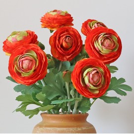 NMAIYA Ranunculus Artificial Flowers 6PCS Orange Silk Ranunculus Realistic Fake Flowers Single Stem Indoor Fall Flowers Artificial for Decoration DIY Party Home Floral Arrangements (20In,Fall Orange)