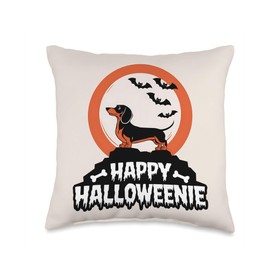 Happy Halloweenie Dachshund Moon Bat Cute Weiner Dog Throw Pillow