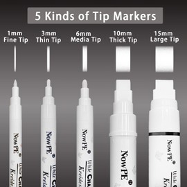 White Chalk Pen, NowPE Marker Pens 1mm, 3mm, 6mm, 10mm, 15mm, Dry or Wet Wipe Liquid Ink Markers, 5pcs Chalks + 16pcs Chalkboard Labels Set, Fine, Thin, Medium and Large Tip for Blackboard and Windows