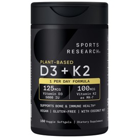 Sports Research Vitamin D3 K2 with 5000iu of Plant-Based D3 & 100mcg of Vitamin K2 as MK-7, Non-GMO Verified & Vegan Certified - 160 Liquid Softgels