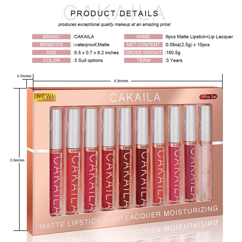 Lip Gloss Set, 10 Colours, Nude Matte Lipsticks, Non-Stick Cup