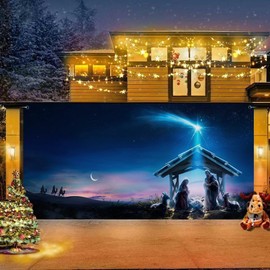 DORCEV Jesus Christmas Nativity Garage Door Decoration - 7x16ft Christ Nativity Scene Door Cover Backdrop for Church Event