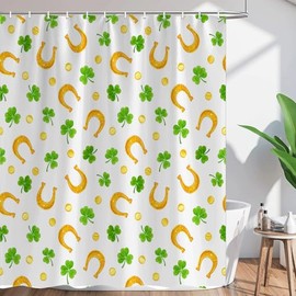 Jimuzi St. Patrick's Day Shower Curtain Green Shamrock Leaves Gold Coins and Horseshoes Fabric Shower Curtain Set with Hooks, Spring Shower Curtains for Bathroom, 71x71 Bath Curtain