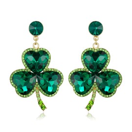 EVER FAITH St Patrick's Day Clover Stud Earrings Sparkling Heart Shape Crystal Green Dangling Lucky Clover Chandelier Earrings Jewelry Gift for Women Girls, Crystal