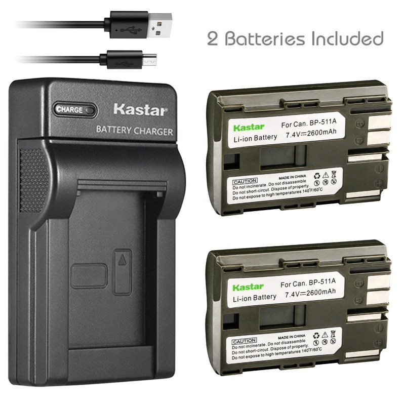 Kastar BP-511 Battery or Slim USB Charger for Canon Optura