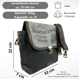 Sunsa Women's Shoulder Bag. Canvas with Leather Bag. Small Messenger Bag. Grey/Black Crossbody. Vintage Style Shoulder Bag. Gift Ideas for Women/Girls, Grey/black