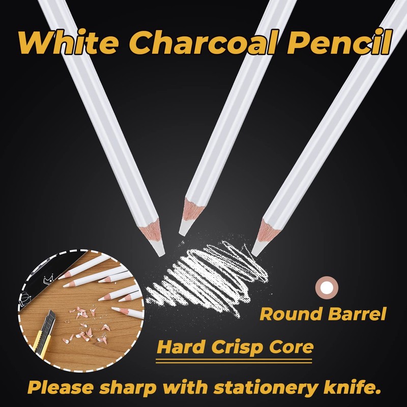 Dyvicl White Charcoal Pencils Drawing Set, 6 Pcs Sketch Highlight