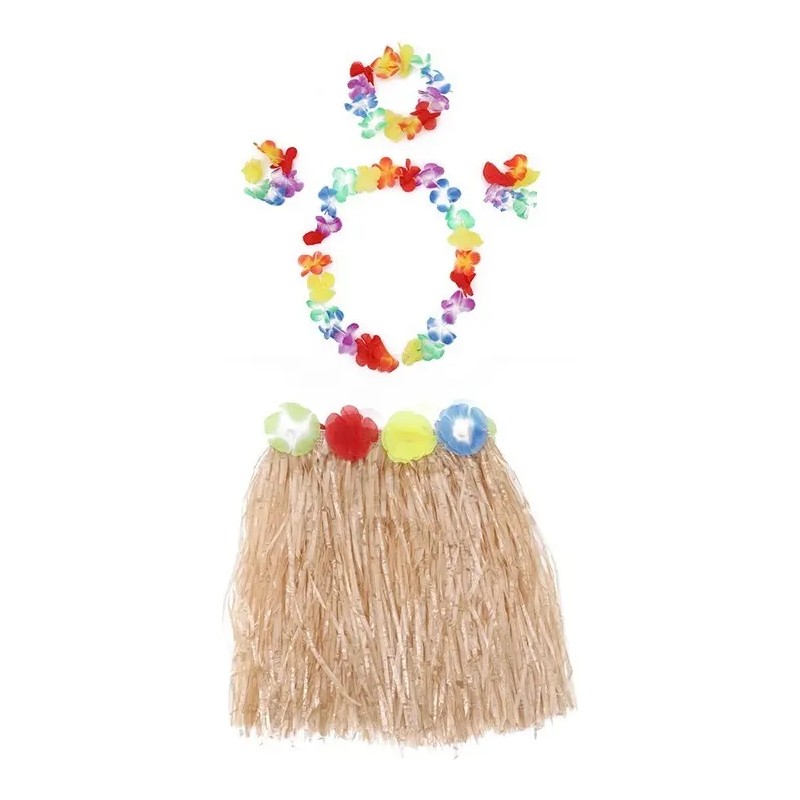 Set Falda Pulseras Collar Diadema Hawaiano Disfraz Fiesta
