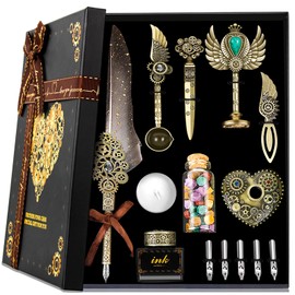 Feather Quill Pen ink Set,Calligraphy Pen Set,Wax Seal Stamp Set,Feather Calligraphy Pen Set,Beautiful Gift Calligraphy Set,Christmas Gifts-Grey